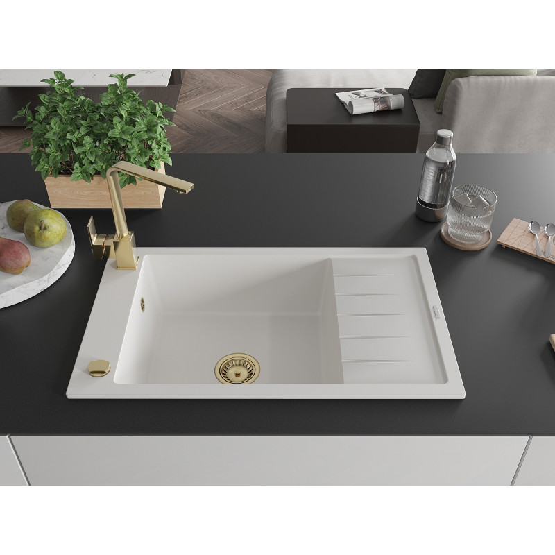 Mexen Elias granite sink 1-chamber with drainer and kitchen faucet Rita, white - 6511-20-670300-50