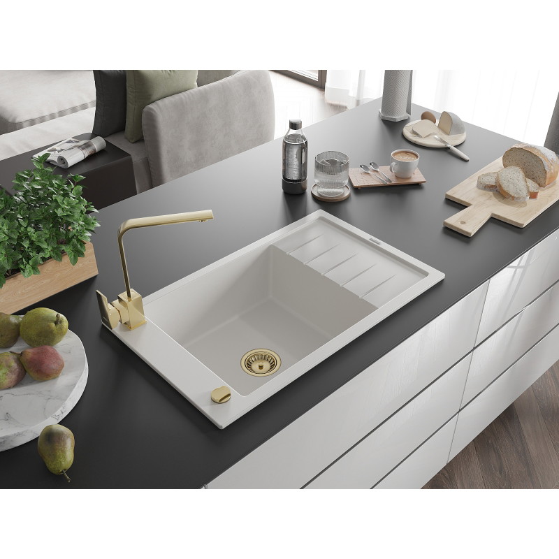 Mexen Elias granite sink 1-bowl with drainer and Rita kitchen faucet, white - 6511-20-670300-50