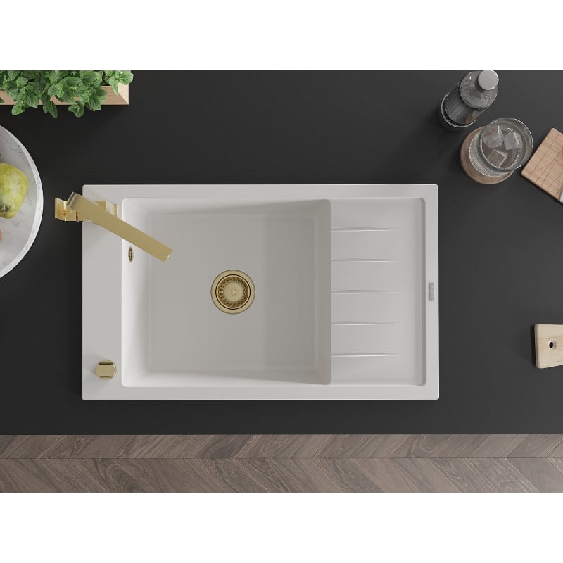 Mexen Elias granite sink 1-bowl with drainer and Rita kitchen faucet, white - 6511-20-670300-50