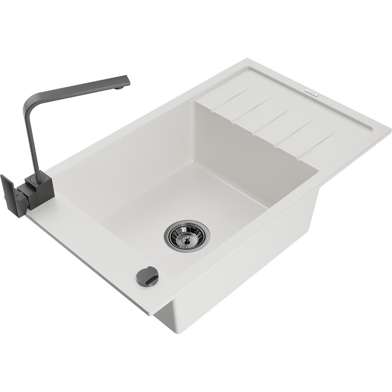 Mexen Elias 1-bowl granite sink with drainer and kitchen faucet Rita, white - 6511-20-670300-70