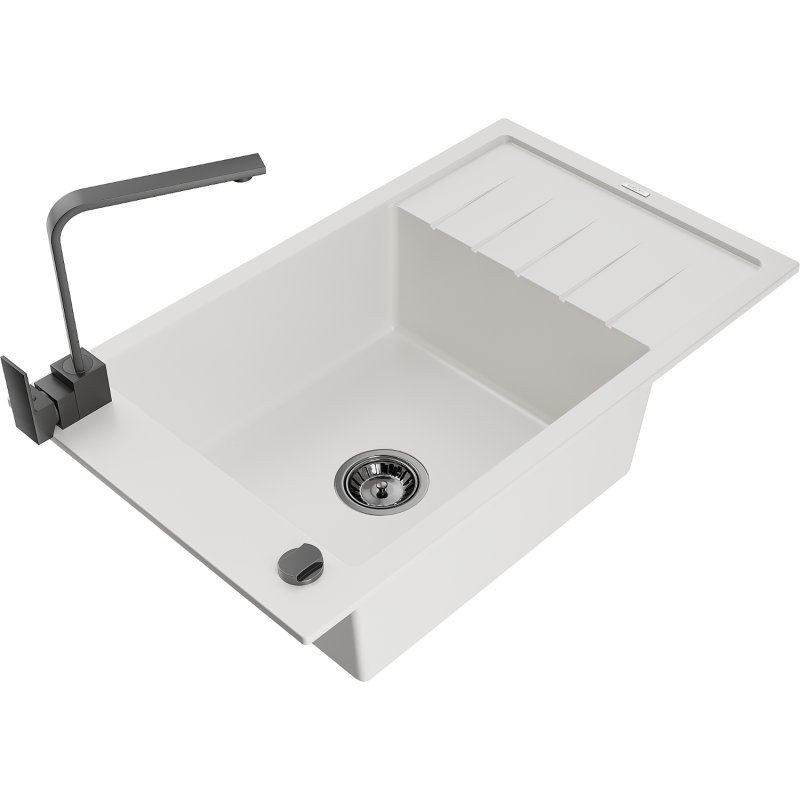 Mexen Elias granite kitchen sink 1-bowl with drainer and Rita kitchen tap, white - 6511-20-670300-70