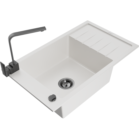 Mexen Elias 1-bowl granite sink with drainer and kitchen faucet Rita, white - 6511-20-670300-70