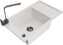 Mexen Elias 1-compartment granite sink with a drip tray and kitchen mixer tap Rita, White - 6511-20-670300-70