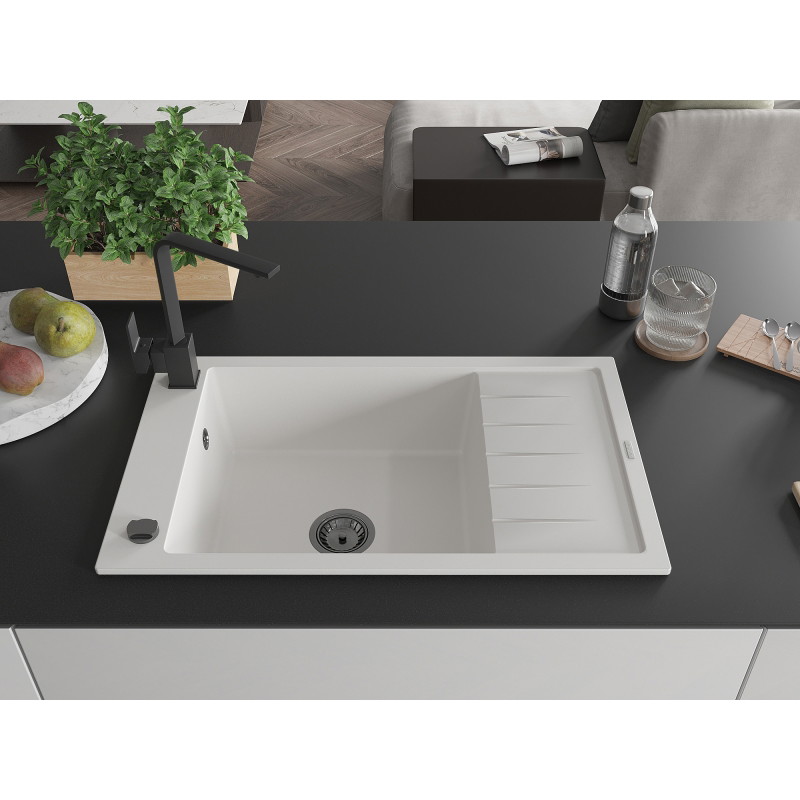 Mexen Elias 1-bowl granite sink with drainer and kitchen faucet Rita, white - 6511-20-670300-70