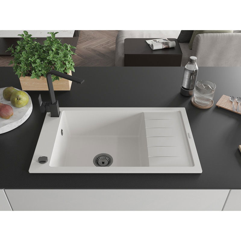 Mexen Elias granite kitchen sink 1-bowl with drainer and Rita kitchen tap, white - 6511-20-670300-70