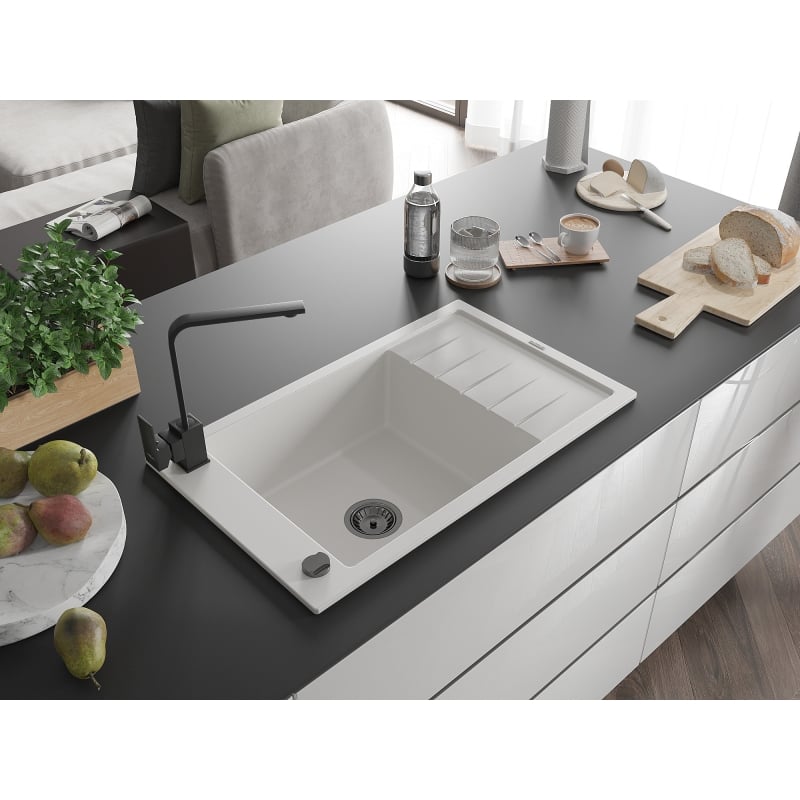 Mexen Elias 1-bowl granite sink with drainer and kitchen faucet Rita, white - 6511-20-670300-70