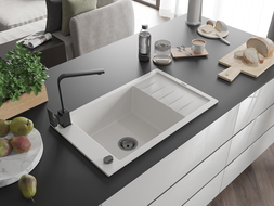 Mexen Elias 1-compartment granite sink with a drip tray and kitchen mixer tap Rita, White - 6511-20-670300-70