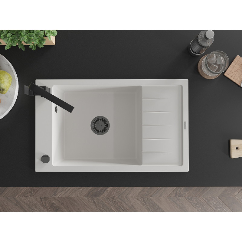 Mexen Elias 1-bowl granite sink with drainer and kitchen faucet Rita, white - 6511-20-670300-70