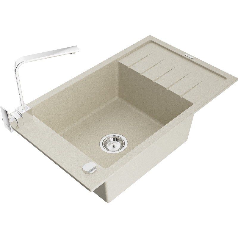 Mexen Elias granite kitchen sink 1-bowl with drainer and kitchen faucet Rita, beige - 6511-69-670300-00
