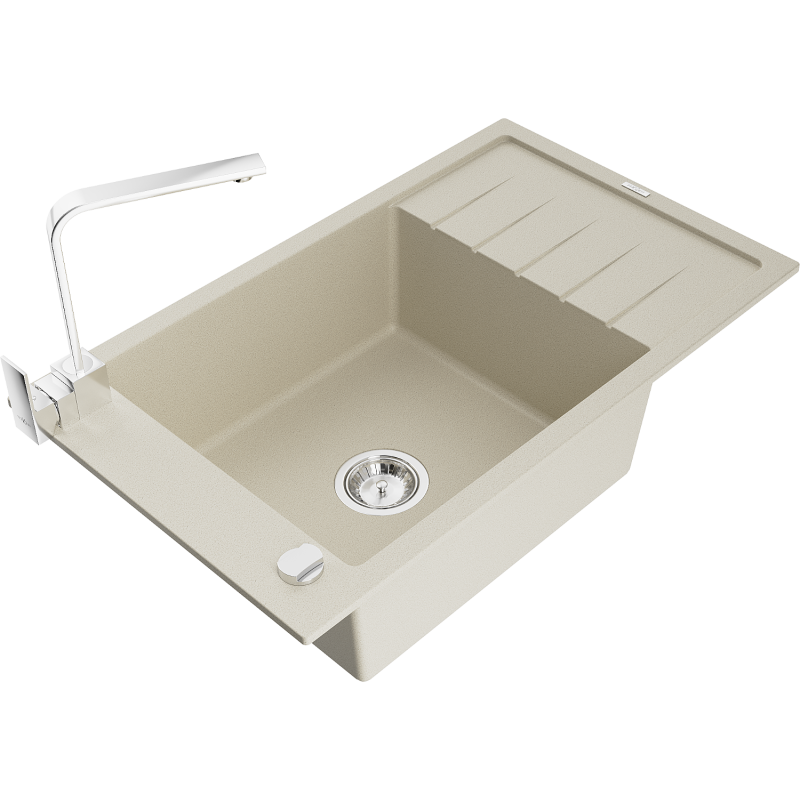 Mexen Elias granite sink single-bowl with drainer and Rita kitchen tap, beige - 6511-69-670300-00