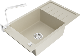 Mexen Elias 1-compartment granite sink with a drip tray and kitchen mixer tap Rita, Beige - 6511-69-670300-00