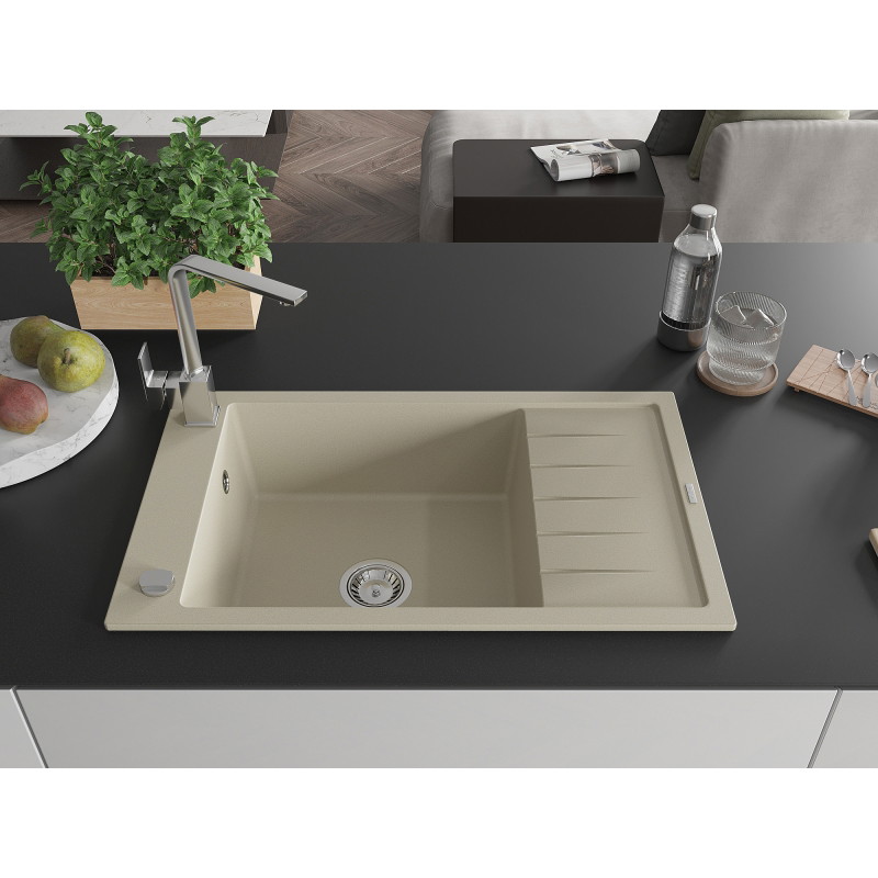 Mexen Elias granite kitchen sink 1-bowl with drainer and kitchen faucet Rita, beige - 6511-69-670300-00