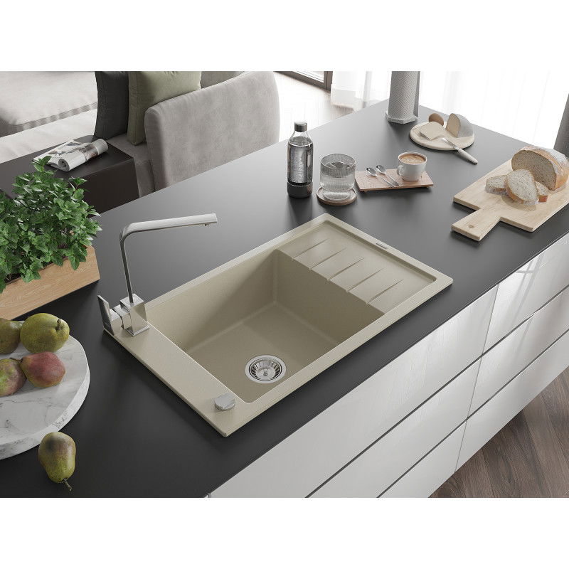 Mexen Elias granite sink single-bowl with drainer and Rita kitchen tap, beige - 6511-69-670300-00