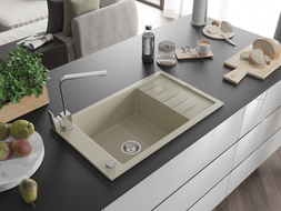 Mexen Elias 1-compartment granite sink with a drip tray and kitchen mixer tap Rita, Beige - 6511-69-670300-00