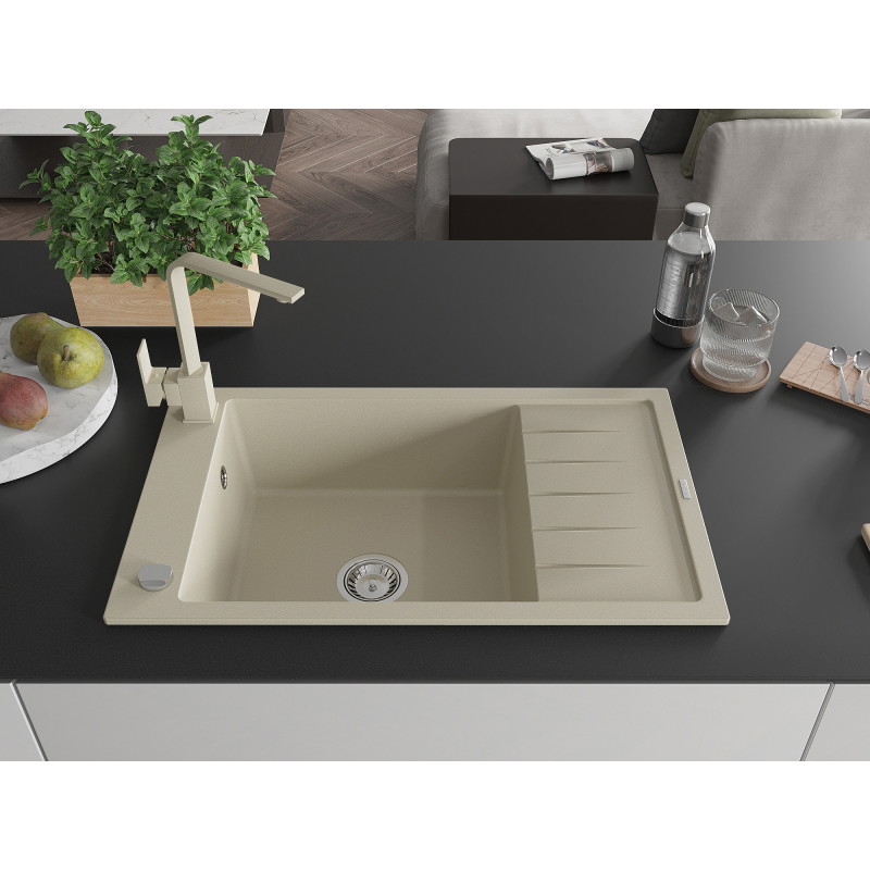 Mexen Elias granite kitchen sink 1-bowl with drainer and Rita kitchen faucet, beige - 6511-69-670300-69
