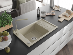 Mexen Elias 1-compartment granite sink with a drip tray and kitchen mixer tap Rita, Beige - 6511-69-670300-69