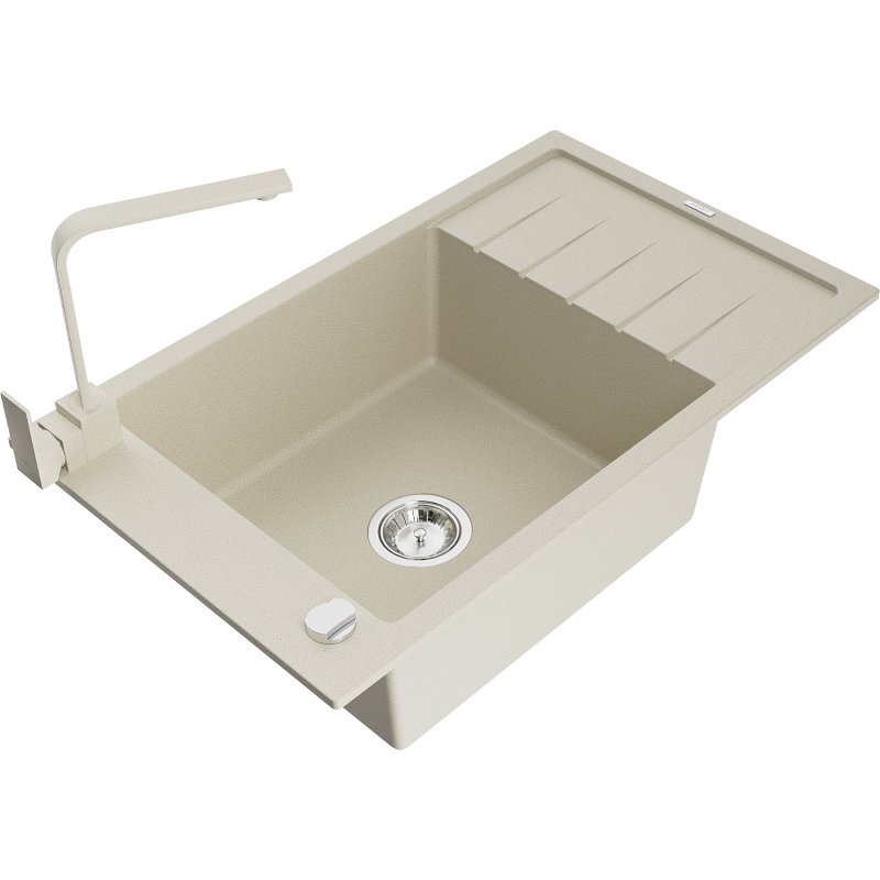 Mexen Elias 1-bowl granite sink with drainer and Rita kitchen tap, beige - 6511-69-670300-69