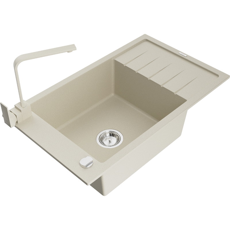 Mexen Elias granite kitchen sink 1-bowl with drainer and Rita kitchen faucet, beige - 6511-69-670300-69