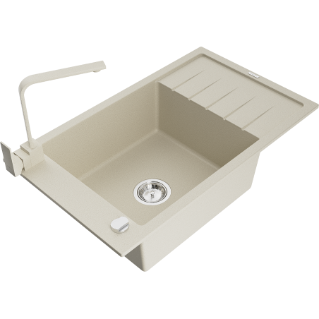 Mexen Elias granite kitchen sink 1-bowl with drainer and Rita kitchen faucet, beige - 6511-69-670300-69