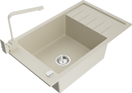 Mexen Elias granite kitchen sink 1-bowl with drainer and Rita kitchen faucet, beige - 6511-69-670300-69