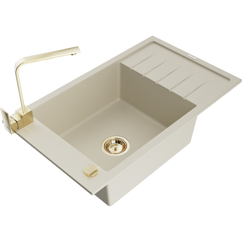 Mexen Elias 1-bowl granite sink with drainer and Rita kitchen tap, beige - 6511-69-670300-50