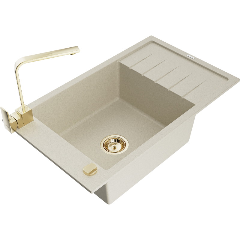 Mexen Elias granite kitchen sink 1-bowl with drainer and kitchen faucet Rita, beige - 6511-69-670300-50