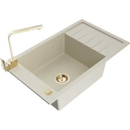 Mexen Elias granite kitchen sink 1-bowl with drainer and Rita kitchen faucet, beige - 6511-69-670300-50