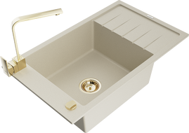 Mexen Elias 1-compartment granite sink with a drip tray and kitchen mixer tap Rita, Beige - 6511-69-670300-50
