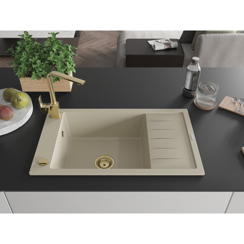 Mexen Elias granite kitchen sink 1-bowl with drainer and kitchen faucet Rita, beige - 6511-69-670300-50