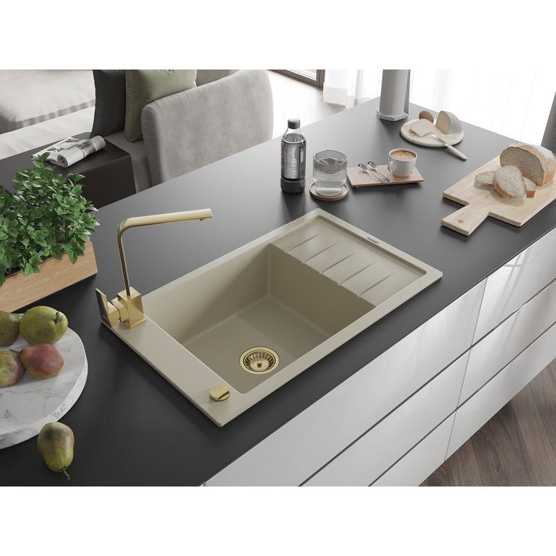 Mexen Elias granite kitchen sink 1-bowl with drainer and Rita kitchen faucet, beige - 6511-69-670300-50