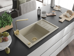 Mexen Elias 1-compartment granite sink with a drip tray and kitchen mixer tap Rita, Beige - 6511-69-670300-50