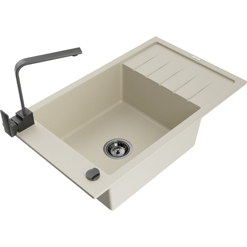 Mexen Elias granite single-bowl sink with drainer and Rita kitchen faucet, beige - 6511-69-670300-70