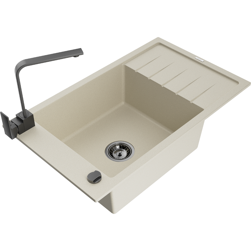 Mexen Elias granite sink 1-bowl with drainer and Rita kitchen tap, beige - 6511-69-670300-70