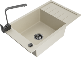 Mexen Elias 1-compartment granite sink with a drip tray and kitchen mixer tap Rita, Beige - 6511-69-670300-70