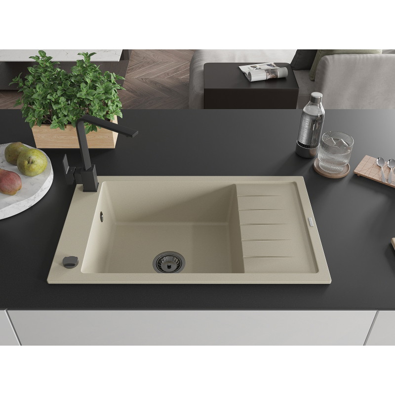 Mexen Elias granite single-bowl sink with drainer and Rita kitchen faucet, beige - 6511-69-670300-70