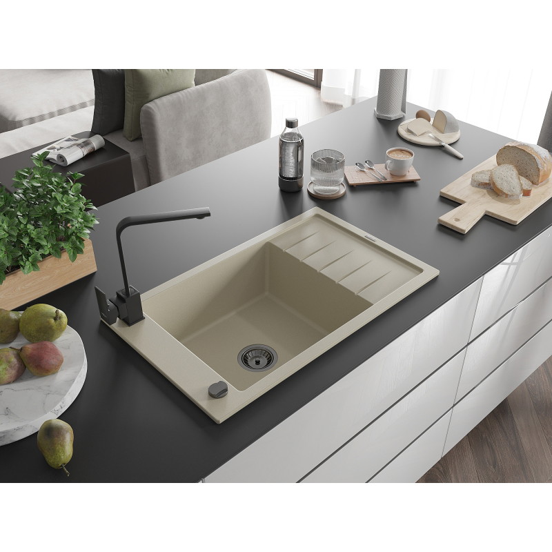 Mexen Elias 1-Bowl Granite Sink with Drainer and Kitchen Faucet Rita, Beige - 6511-69-670300-70