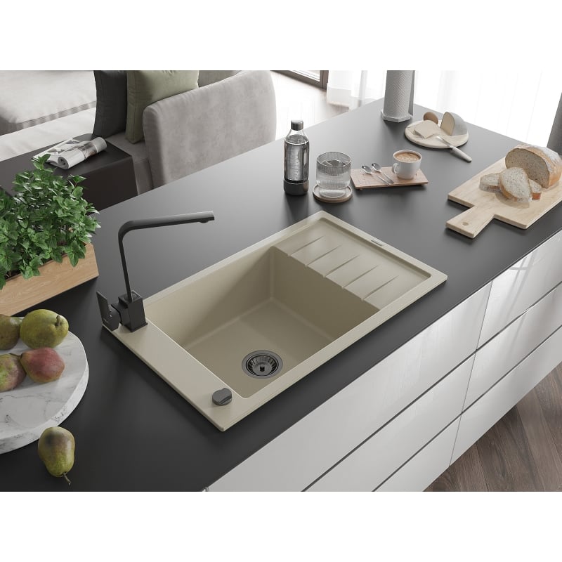Mexen Elias granite single-bowl sink with drainer and Rita kitchen faucet, beige - 6511-69-670300-70