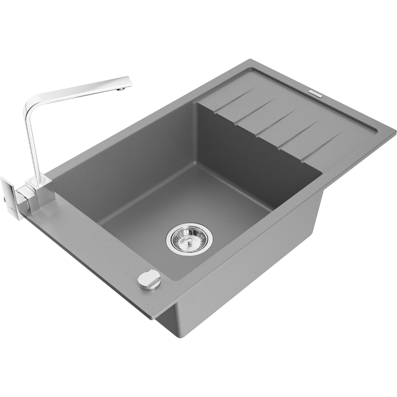 Mexen Elias granite sink with 1 bowl, drainer, and Rita kitchen tap, grey - 6511-71-670300-00