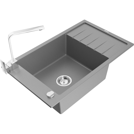 Mexen Elias granite sink with 1 bowl, drainer, and Rita kitchen tap, grey - 6511-71-670300-00