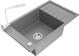 Mexen Elias 1-compartment granite sink with a drip tray and kitchen mixer tap Rita, Grey - 6511-71-670300-00