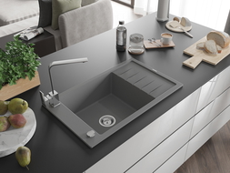 Mexen Elias granite sink with 1 bowl, drainer, and Rita kitchen tap, grey - 6511-71-670300-00