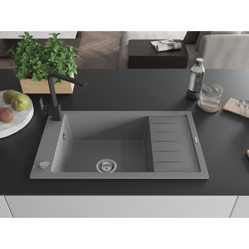 Mexen Elias 1-bowl granite sink with drainer and Rita kitchen faucet, gray - 6511-71-670300-70