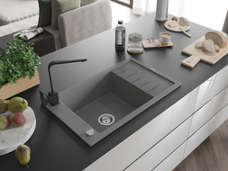 Mexen Elias 1-bowl granite sink with drainer and Rita kitchen faucet, gray - 6511-71-670300-70