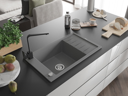 Mexen Elias 1-compartment granite sink with a drip tray and kitchen mixer tap Rita, Grey - 6511-71-670300-70