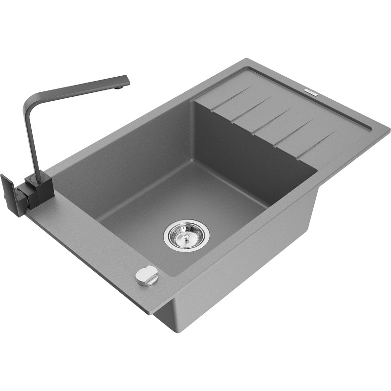 Mexen Elias 1-bowl granite sink with drainer and Rita kitchen faucet, gray - 6511-71-670300-70