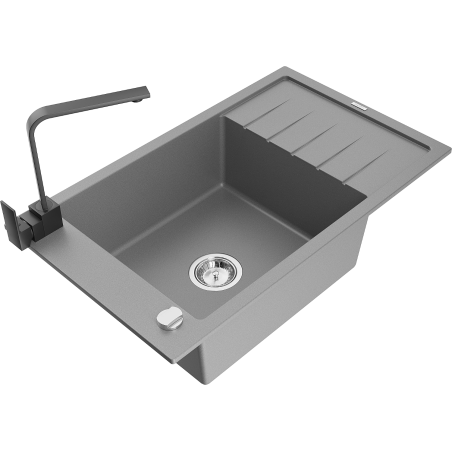 Mexen Elias 1-bowl granite sink with drainer and Rita kitchen faucet, gray - 6511-71-670300-70