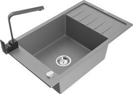 Mexen Elias 1-compartment granite sink with a drip tray and kitchen mixer tap Rita, Grey - 6511-71-670300-70