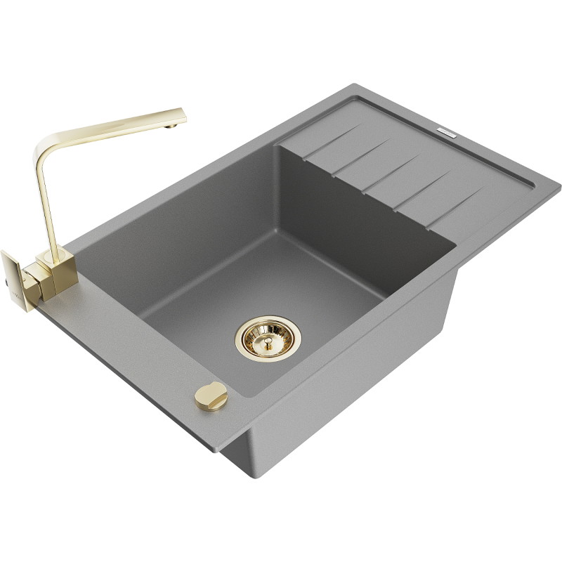 Mexen Elias granite kitchen sink 1-bowl with drainer and Rita kitchen faucet, gray - 6511-71-670300-50