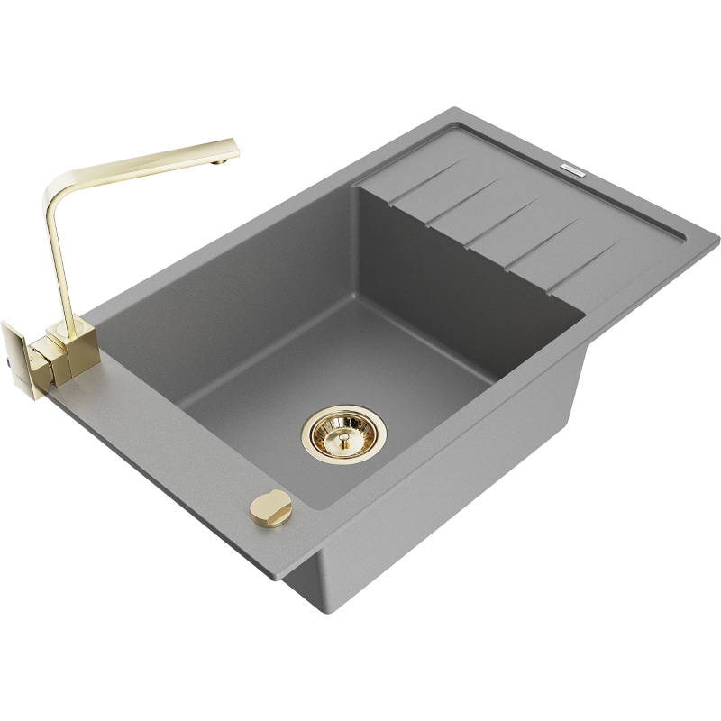 Mexen Elias granite sink 1-bowl with drainer and kitchen tap Rita, grey - 6511-71-670300-50
