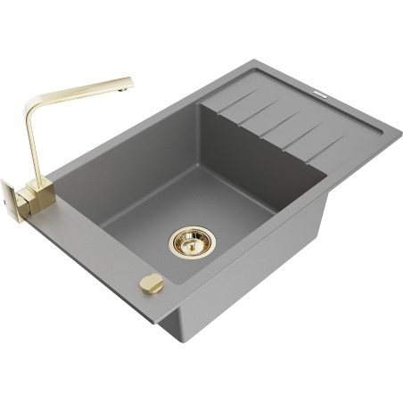 Mexen Elias 1-compartment granite sink with a drip tray and kitchen mixer tap Rita, Grey - 6511-71-670300-50